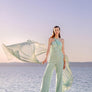 Cris-Cross Halter Bodysuit with Silk Chiffon Mix Fabric