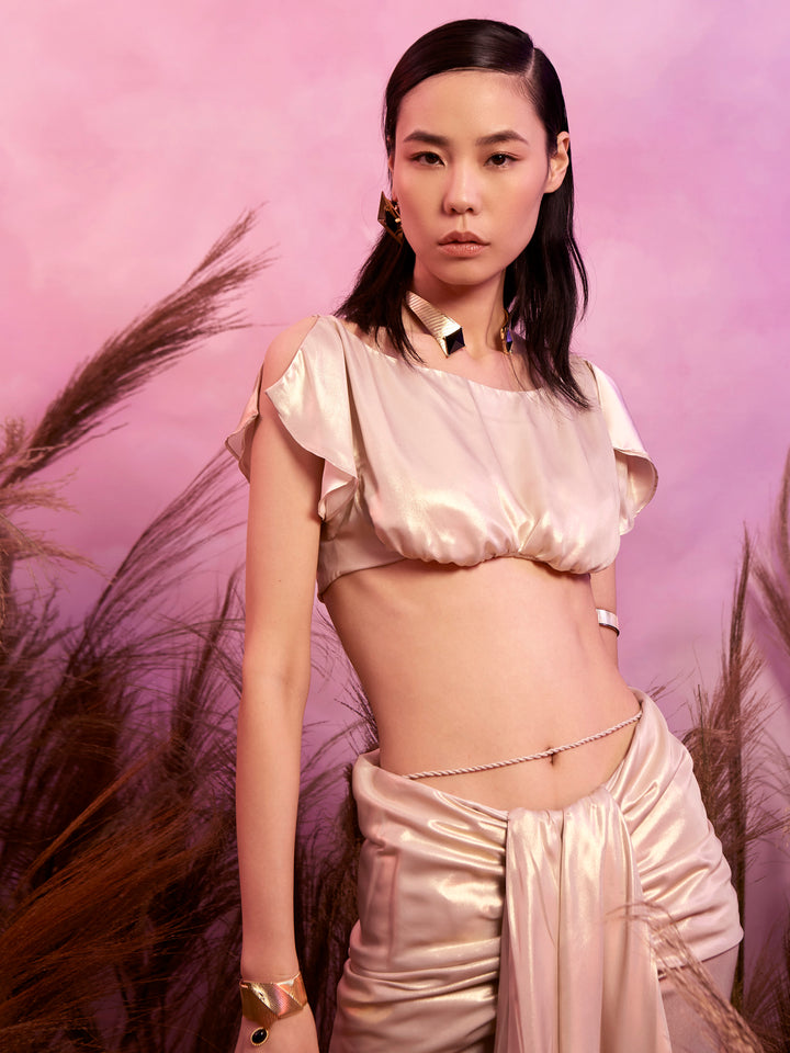 Metallic Crop Top / Tied Up Knee Length Shorts