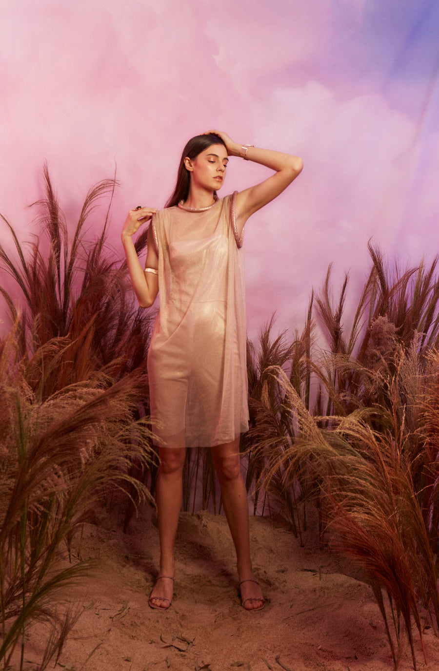 Metallic Jumpsuit with Mesh Vest