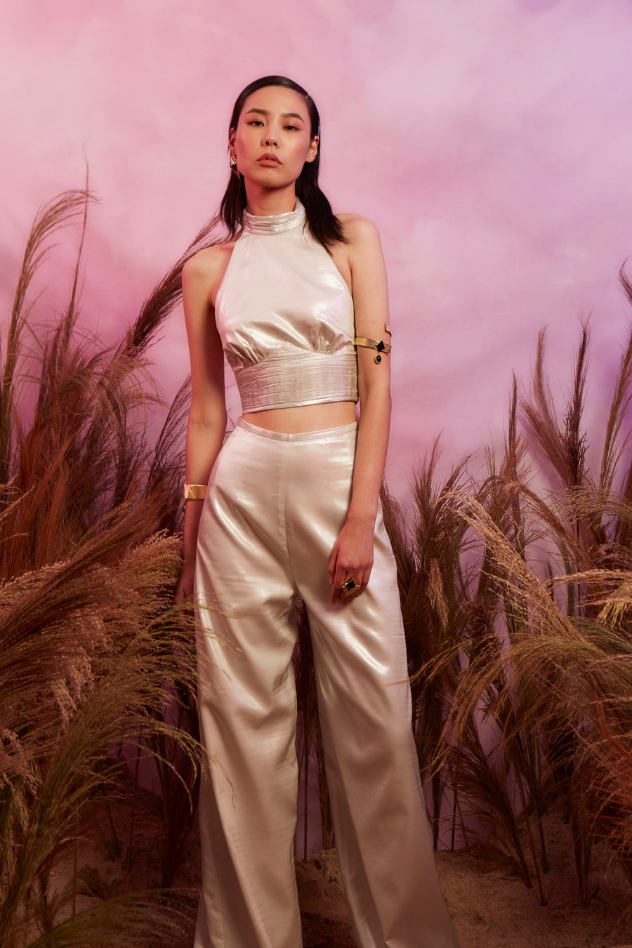 Metallic Crop Vest / Wide-Leg Trousers