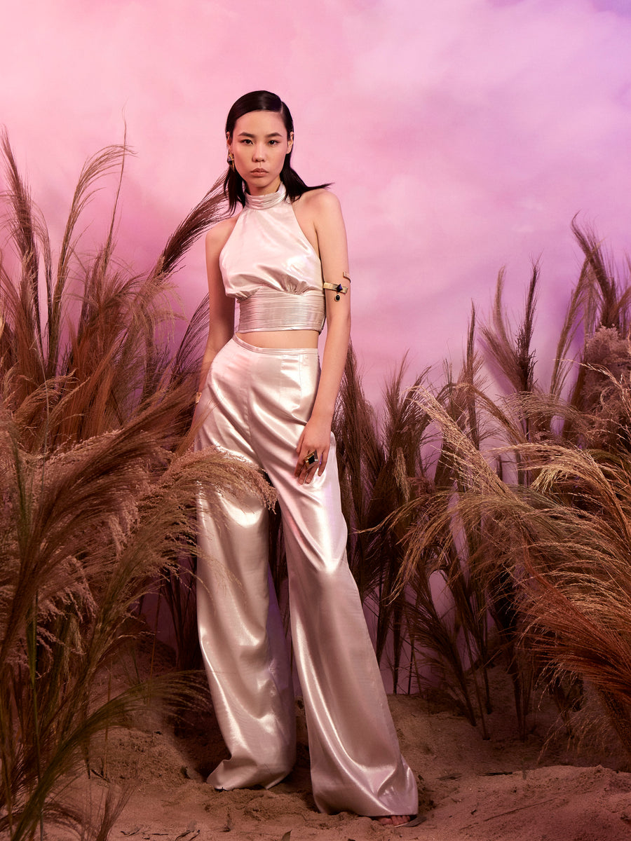 Metallic Crop Vest / Wide-Leg Trousers