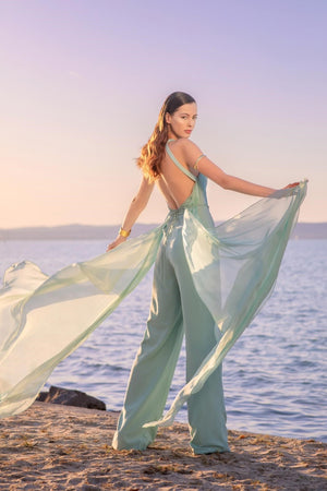 Cris-Cross Halter Bodysuit with Silk Chiffon Mix Fabric