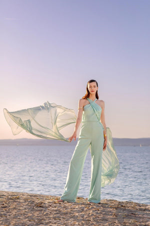 Cris-Cross Halter Bodysuit with Silk Chiffon Mix Fabric