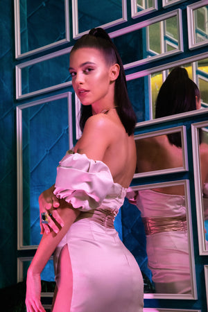 Off Shoulder Mini Dress with Contrast Waist Band - Buy Now