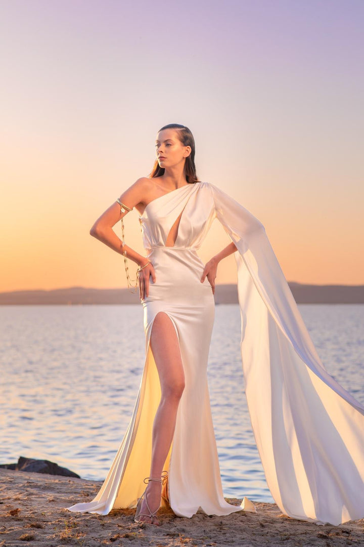 One Shoulder One Long Sleeve Silk Dress